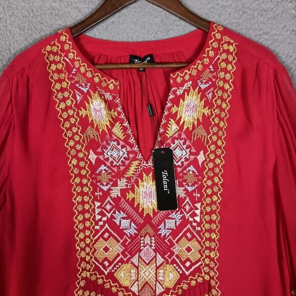 Tolani Lauren Tunic Women 3XL Red Aztec Embroidered Long Sleeve Blouse  Boho NWT - Picture 3 of 16